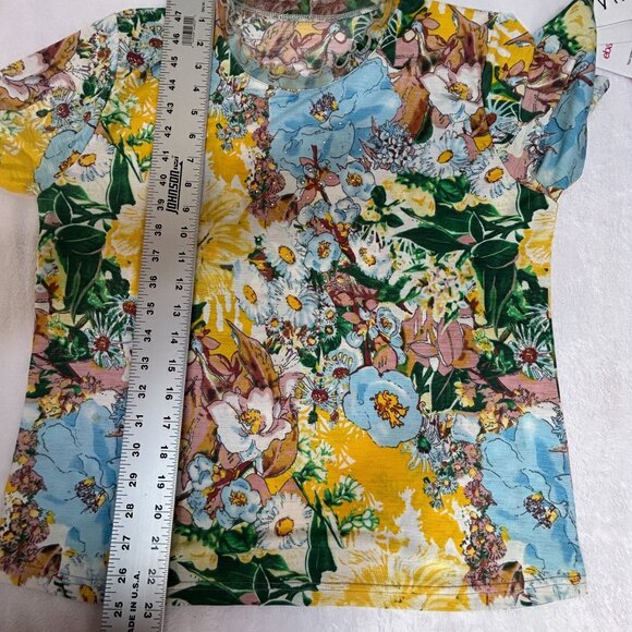 Womens Floral Print Short Sleeve Top with Ruffle Neck Size M-L Multicolor Boho - Picture 8 of 8